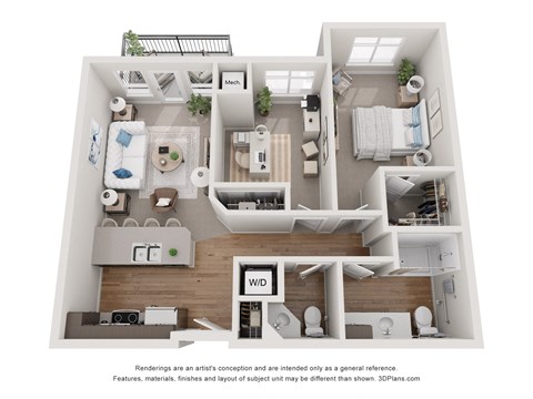 Floor plan for 2 beds, 1.5 baths, 853 sqft